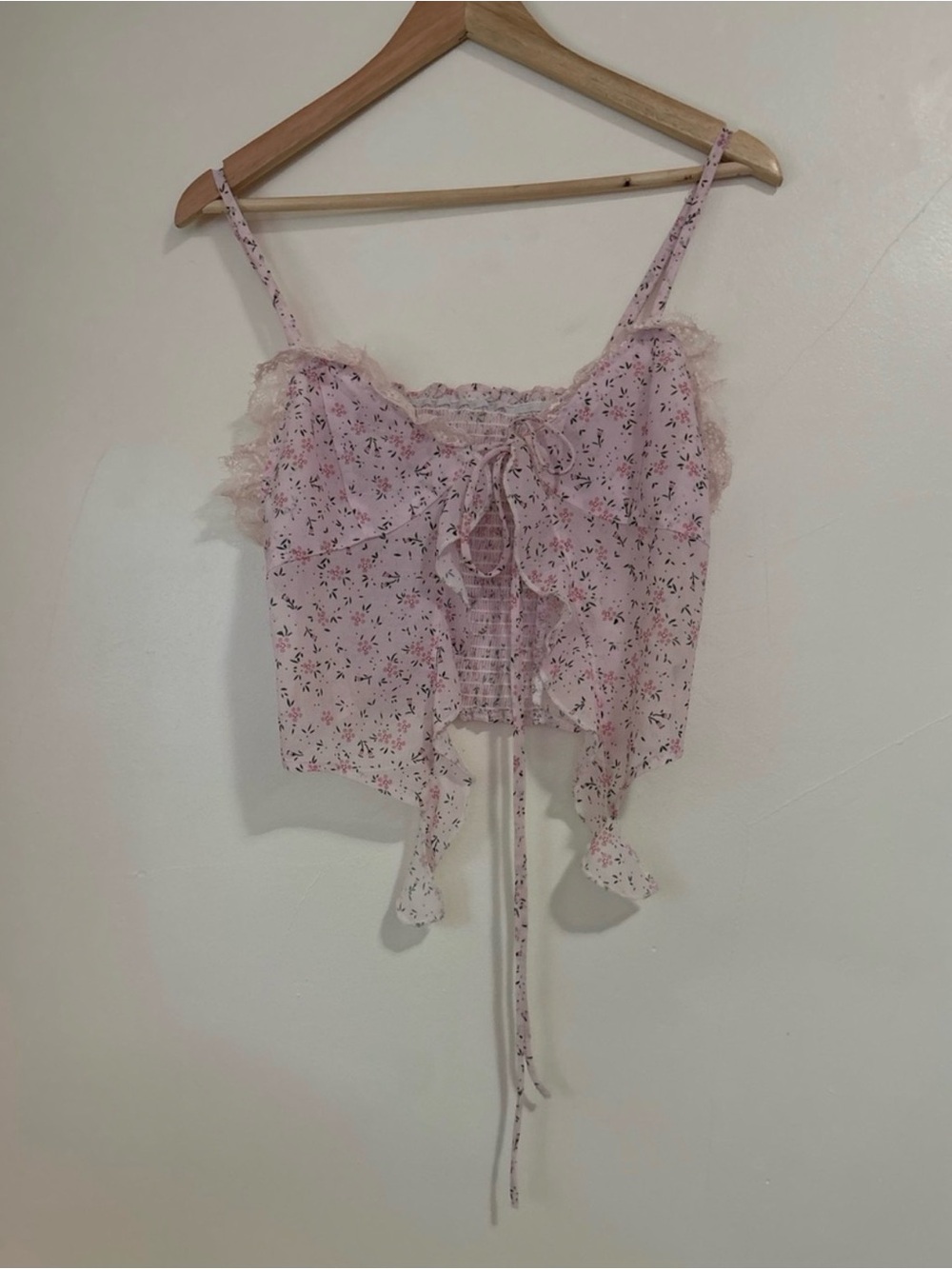 Floral Lace Trim Tie Front Cami Crop Top Fairy Coquette Balletcore S - Picture 1 of 12